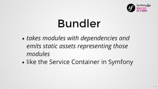 Bundler
takes	modules	with	dependencies	and
emits	static	assets	representing	those
modules
like	the	Service	Container	in	Symfony
3 . 4
 
