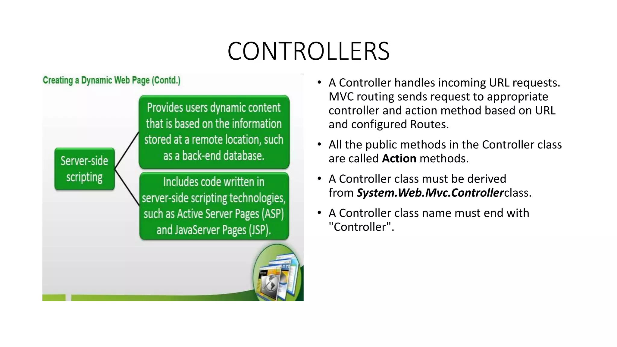 CONTROLLERS • A Controller handles incoming URL requests. MVC routing sends request to appropriate controller and action method based on URL and configured Routes. • All the public methods in the Controller class are called Action methods. • A Controller class must be derived from System.Web.Mvc.Controllerclass. • A Controller class name must end with "Controller". 