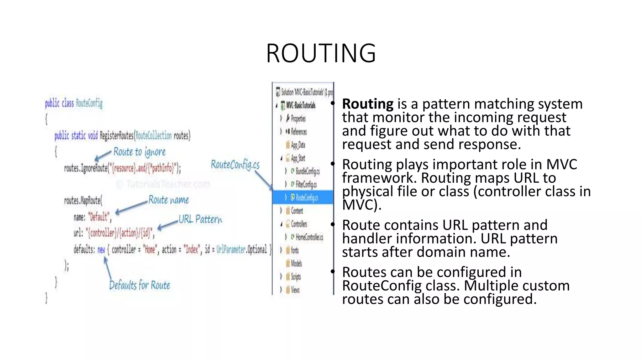 ROUTING • Routing is a pattern matching system that monitor the incoming request and figure out what to do with that request and send response. • Routing plays important role in MVC framework. Routing maps URL to physical file or class (controller class in MVC). • Route contains URL pattern and handler information. URL pattern starts after domain name. • Routes can be configured in RouteConfig class. Multiple custom routes can also be configured. 