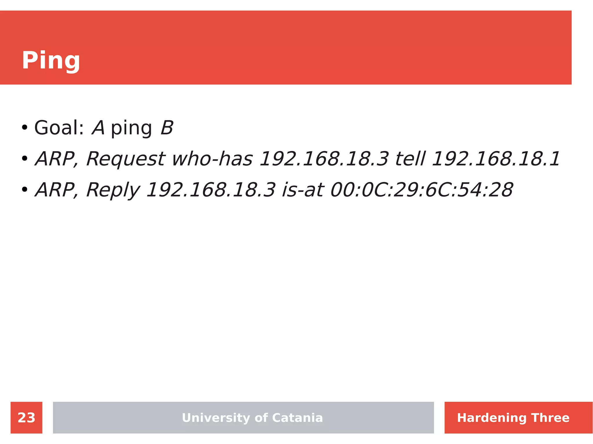 23
Ping
●
Goal: A ping B
●
ARP, Request who-has 192.168.18.3 tell 192.168.18.1
●
ARP, Reply 192.168.18.3 is-at 00:0C:29:6C:54:28
University of Catania Hardening Three
 