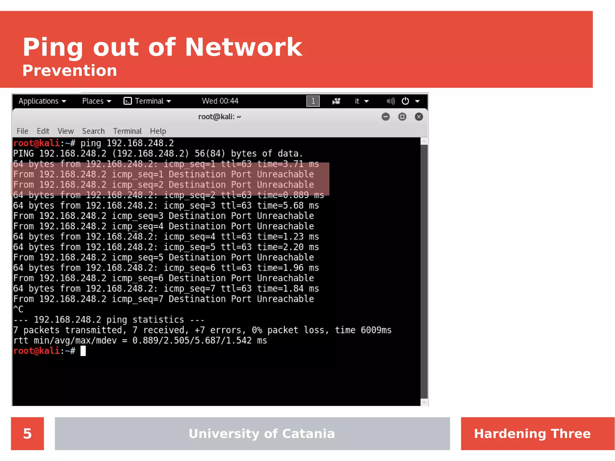 5
Ping out of Network
Prevention
University of Catania Hardening Three
 