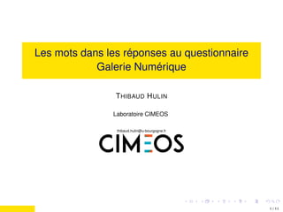 Les mots dans les réponses au questionnaire
Galerie Numérique
THIBAUD HULIN
Laboratoire CIMEOS
thibaud.hulin@u-bourgogne.fr
1 / 11
 