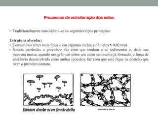 Processosde estruturação dos solos
• Tradicionalmente consideram-se os seguintes tipos principais:
Estrutura alveolar:
• Comum nos siltes mais finos e em algumas areias; (diâmetro ≤ 0,02mm)
• Nessas partículas a gravidade faz com que tendam a se sedimentar e, dada sua
pequena massa, quando um grão cai sobre um outro sedimento já formado, a força de
aderência desenvolvida entre ambas (coesão), faz com que este fique na posição que
tiver o primeiro contato.
 