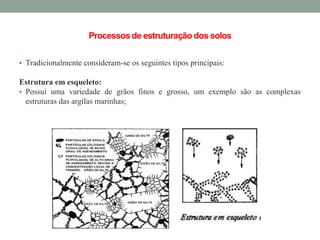 Processosde estruturação dos solos
• Tradicionalmente consideram-se os seguintes tipos principais:
Estrutura em esqueleto:
• Possui uma variedade de grãos finos e grosso, um exemplo são as complexas
estruturas das argilas marinhas;
 