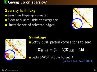 1 Giving up on sparsity?
Sparsity is ﬁnicky
Sensitive hyper-parameter
Slow and unreliable convergence
Unstable set of selected edges
Shrinkage
Softly push partial correlations to zero
ΣShrunk = (1 − λ)ΣMLE + λId
Ledoit-Wolf oracle to set λ
[Ledoit and Wolf 2004]
G Varoquaux 19
 