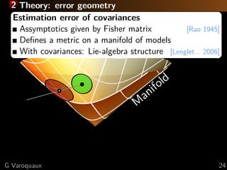 2 Theory: error geometry
Disentangle parameters (edge-level connectivities)
Connectivity matrices form a manifold
⇒ project to tangent space
M
anifold
[Varoquaux... 2010a]
Estimation error of covariances
Assymptotics given by Fisher matrix [Rao 1945]
Deﬁnes a metric on a manifold of models
With covariances: Lie-algebra structure [Lenglet... 2006]
G Varoquaux 24
 