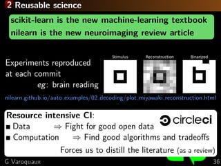 2 Reusable science
scikit-learn is the new machine-learning textbook
nilearn is the new neuroimaging review article
Experi...