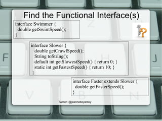 Find the Functional Interface(s)
interface Slower {
double getCrawlSpeed();
String toString();
default int getSlowestSpeed() { return 0; }
static int getFastestSpeed() { return 10; }
}
interface Swimmer {
double getSwimSpeed();
}
interface Faster extends Slower {
double getFasterSpeed();
}
Twitter: @jeanneboyarsky
 