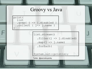 Groovy vs Java
Twitter: @jeanneboyarsky
print(
list
.grep{ j -> j.disabled }
.collect { j-> j.name }
)
list.stream()
.filter(j -> j.disabled)
.map(j -> j.name)
.forEach(
System.out::println);
 