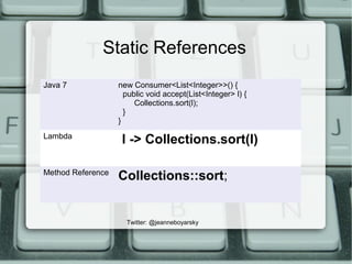 Static References
Twitter: @jeanneboyarsky
Java 7 new Consumer<List<Integer>>() {
public void accept(List<Integer> l) {
Collections.sort(l);
}
}
Lambda
l -> Collections.sort(l)
Method Reference
Collections::sort;
 