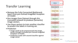 Transfer	Learning
• Remove	the	Fully	Connected	(Bottleneck	
layer)	from	pre-trained	ImageNet	Inception	
v3	model.
• Run	images	from	Dataset	through	this	
truncated	network	to	produce	(semantic)	
image	vectors.
• Use	these	vectors	to	train	another	classifier	
to	predict	the	labels	in	training	set.
• Prediction
• Image	needs	to	be	preprocessed	into	image	
vector	through	truncated	pre-trained	ImageNet	
Inception	v3	model.
• Prediction	made	with	second	classifier	against	
image	vector
 