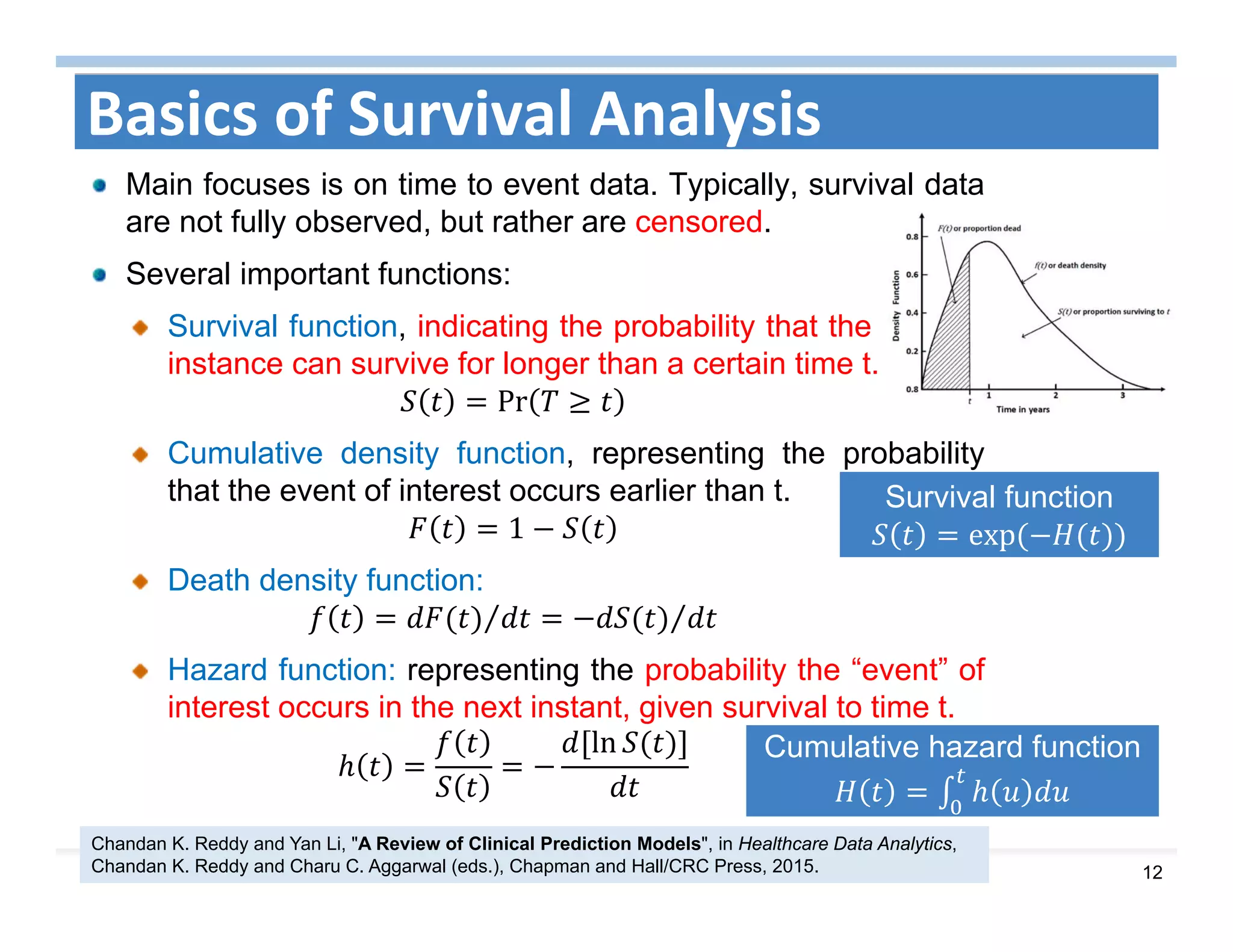 12
Basics of Survival Analysis
Main focuses is on time to event data. Typically, survival data
are not fully observed, but rather are censored.
Several important functions:
Survival function, indicating the probability that the stance
instance can survive for longer than a certain time t.
Pr
Cumulative density function, representing the probability
that the event of interest occurs earlier than t.
1
Death density function:
⁄⁄
Hazard function: representing the probability the “event” of
interest occurs in the next instant, given survival to time t.
ln
Death
Cumulative hazard function
Survival function
exp	
Chandan K. Reddy and Yan Li, "A Review of Clinical Prediction Models", in Healthcare Data Analytics,
Chandan K. Reddy and Charu C. Aggarwal (eds.), Chapman and Hall/CRC Press, 2015.
 