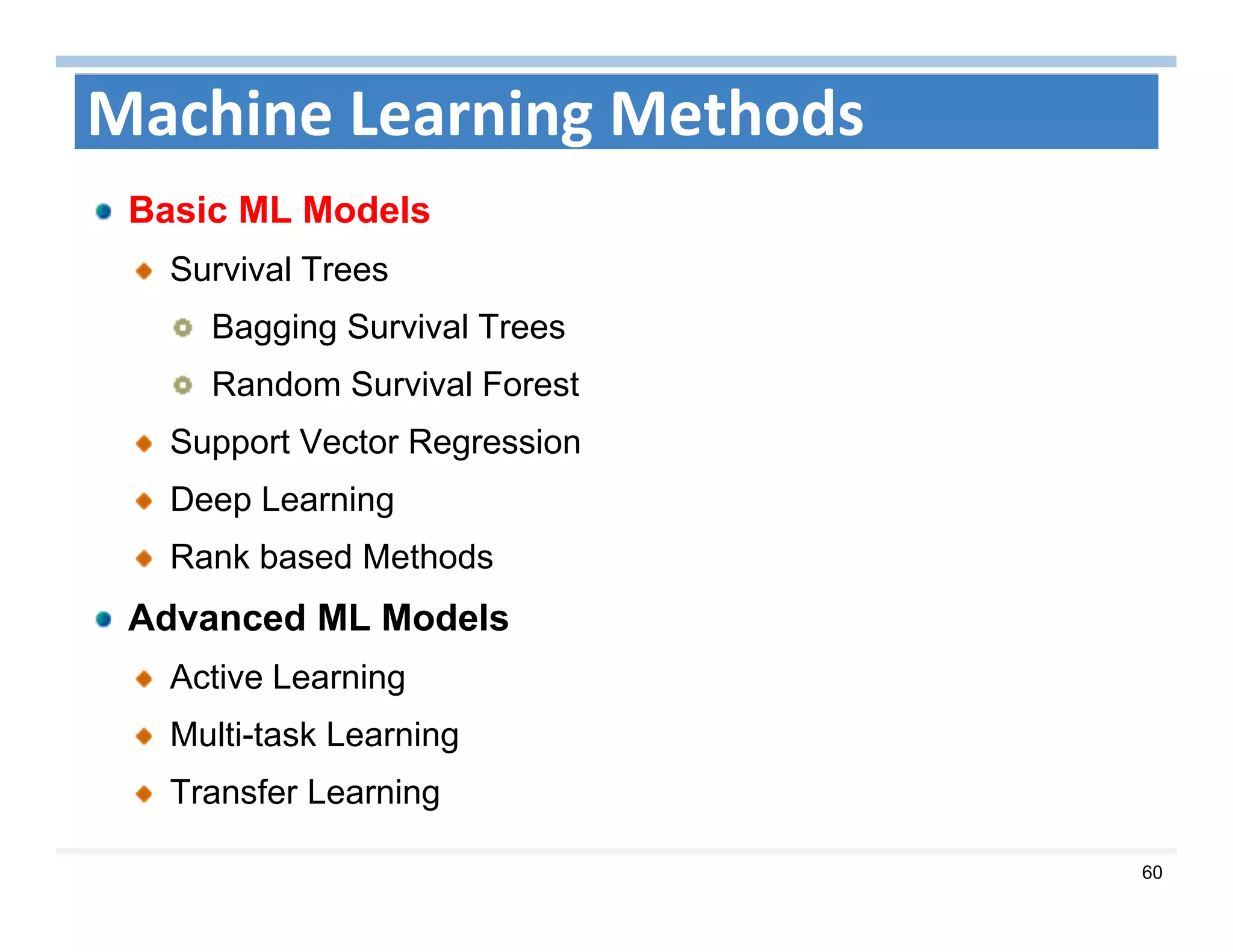 60
Machine Learning Methods
Basic ML Models
Survival Trees
Bagging Survival Trees
Random Survival Forest
Support Vector Regression
Deep Learning
Rank based Methods
Advanced ML Models
Active Learning
Multi-task Learning
Transfer Learning
 