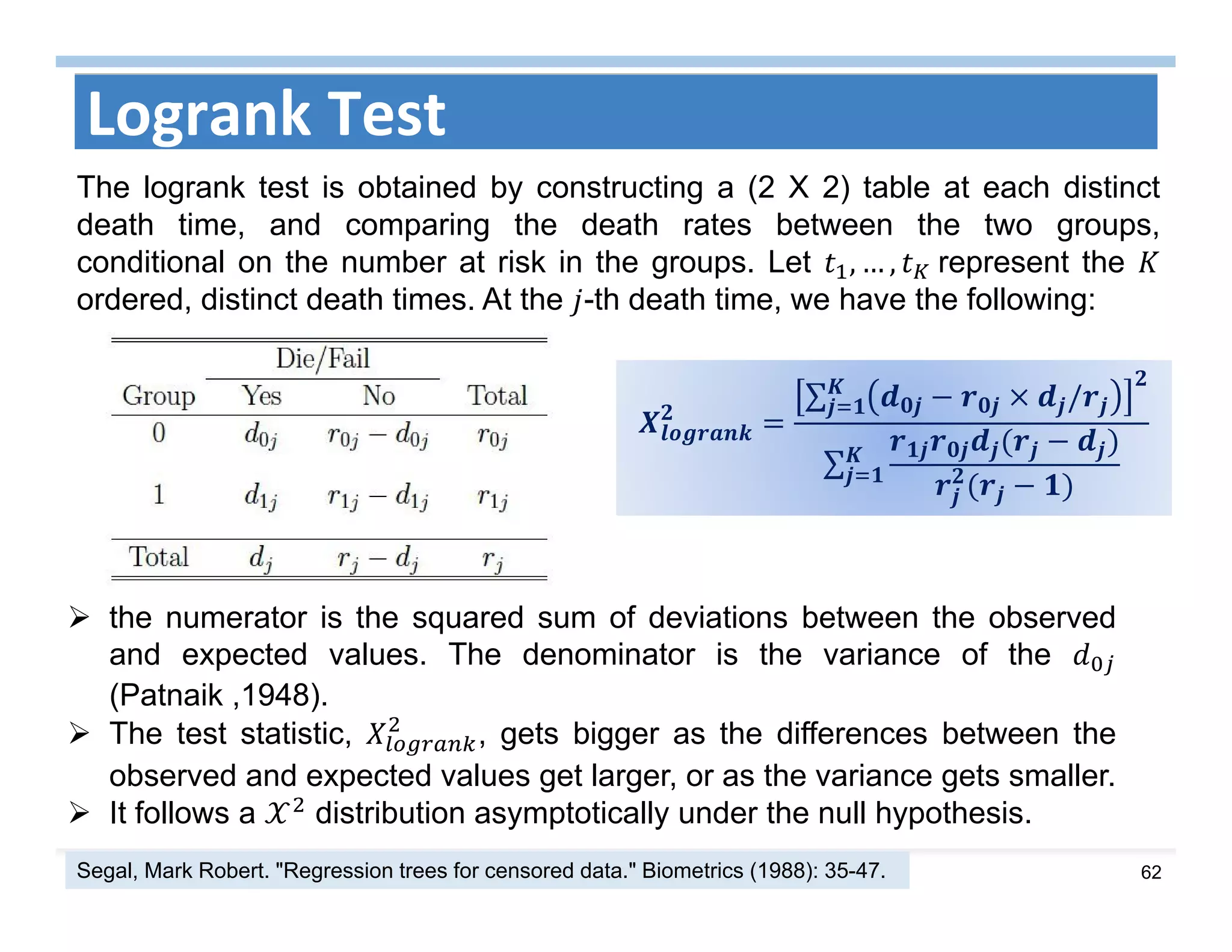 62
Logrank Test
∑ /
∑
 the numerator is the squared sum of deviations between the observed
and expected values. The denominator is the variance of the
(Patnaik ,1948).
 The test statistic, , gets bigger as the differences between the
observed and expected values get larger, or as the variance gets smaller.
 It follows a distribution asymptotically under the null hypothesis.
The logrank test is obtained by constructing a (2 X 2) table at each distinct
death time, and comparing the death rates between the two groups,
conditional on the number at risk in the groups. Let , … , 	represent the
ordered, distinct death times. At the -th death time, we have the following:
Segal, Mark Robert. "Regression trees for censored data." Biometrics (1988): 35-47.
 