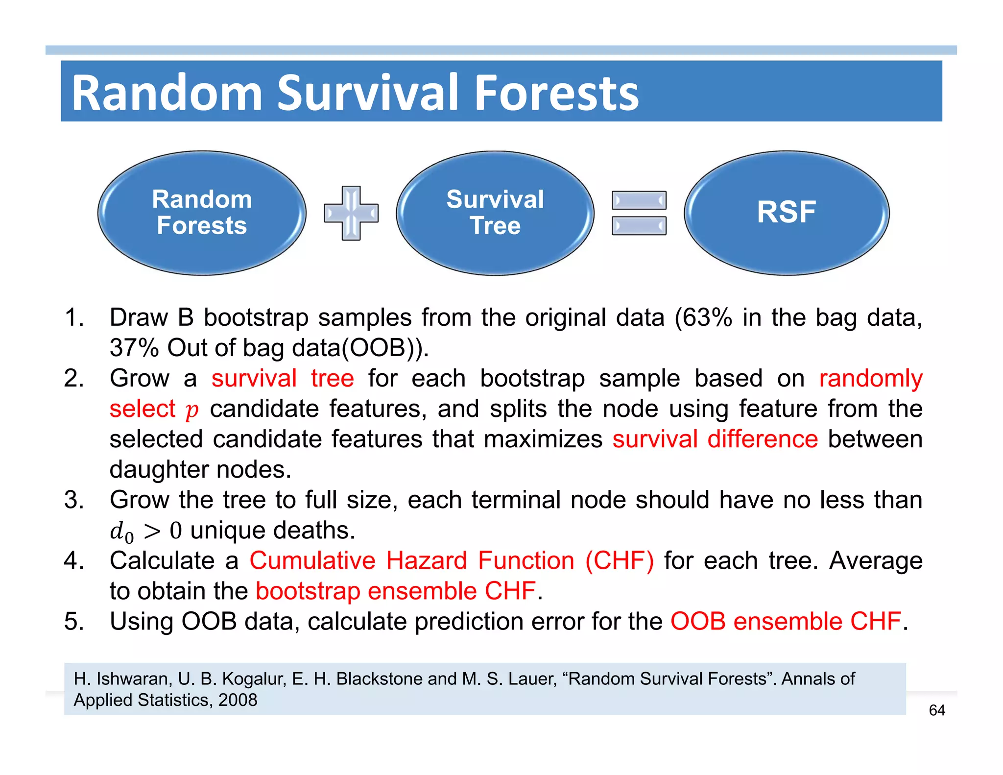 64
Random Survival Forests
1. Draw B bootstrap samples from the original data (63% in the bag data,
37% Out of bag data(OOB)).
2. Grow a survival tree for each bootstrap sample based on randomly
select candidate features, and splits the node using feature from the
selected candidate features that maximizes survival difference between
daughter nodes.
3. Grow the tree to full size, each terminal node should have no less than
0 unique deaths.
4. Calculate a Cumulative Hazard Function (CHF) for each tree. Average
to obtain the bootstrap ensemble CHF.
5. Using OOB data, calculate prediction error for the OOB ensemble CHF.
Random
Forests
Survival
Tree RSF
H. Ishwaran, U. B. Kogalur, E. H. Blackstone and M. S. Lauer, “Random Survival Forests”. Annals of
Applied Statistics, 2008
 