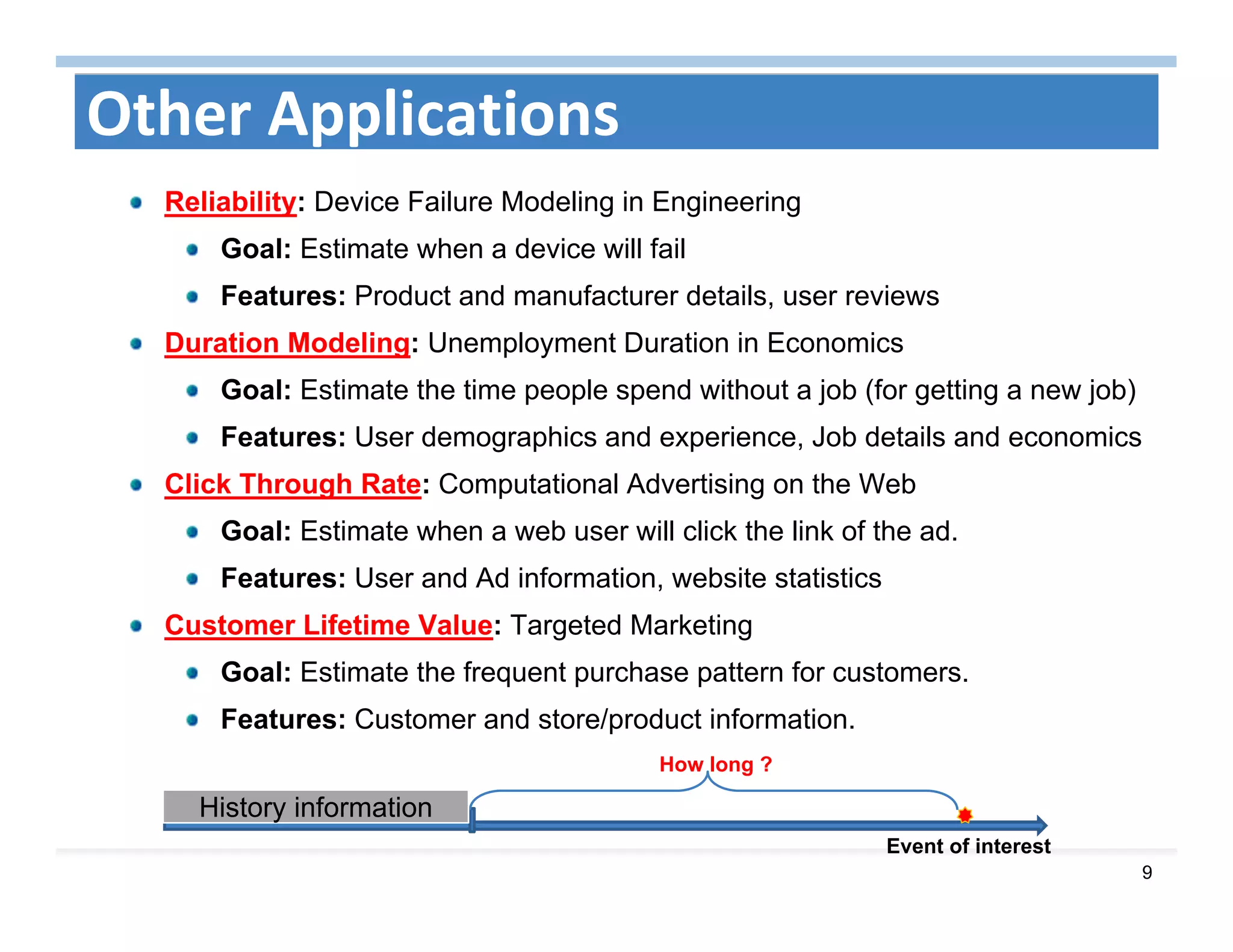 9
Other Applications
How long ?
Event of interest
History information
Reliability: Device Failure Modeling in Engineering
Goal: Estimate when a device will fail
Features: Product and manufacturer details, user reviews
Duration Modeling: Unemployment Duration in Economics
Goal: Estimate the time people spend without a job (for getting a new job)
Features: User demographics and experience, Job details and economics
Click Through Rate: Computational Advertising on the Web
Goal: Estimate when a web user will click the link of the ad.
Features: User and Ad information, website statistics
Customer Lifetime Value: Targeted Marketing
Goal: Estimate the frequent purchase pattern for customers.
Features: Customer and store/product information.
 
