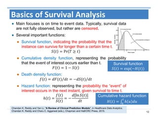 12
Basics of Survival Analysis
Main focuses is on time to event data. Typically, survival data
are not fully observed, but rather are censored.
Several important functions:
Survival function, indicating the probability that the stance
instance can survive for longer than a certain time t.
Pr
Cumulative density function, representing the probability
that the event of interest occurs earlier than t.
1
Death density function:
⁄⁄
Hazard function: representing the probability the “event” of
interest occurs in the next instant, given survival to time t.
ln
Death
Cumulative hazard function
Survival function
exp	
Chandan K. Reddy and Yan Li, "A Review of Clinical Prediction Models", in Healthcare Data Analytics,
Chandan K. Reddy and Charu C. Aggarwal (eds.), Chapman and Hall/CRC Press, 2015.
 