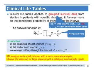 26
Clinical Life Tables
Clinical life tables applies to grouped survival data from
studies in patients with specific diseases, it focuses more
on the conditional probability of dying within the interval.
The time interval is , VS.
… is a set of distinct death times
The survival function is:
1
KM analysis suits small data set with a more accurate analysis,
Clinical life table suit for large data set with a relatively approximate result.
Nonparametric
Assumption:
• at the beginning of each interval:	
• at the end of each interval:	
• on average halfway through the interval: /2
Cox, David R. "Regression models and life-tables", Journal of the Royal Statistical Society. Series B (Methodological), 1972.
 