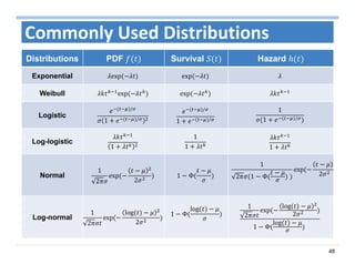 48
Commonly Used Distributions
Distributions PDF Survival Hazard
Exponential exp	 exp	
Weibull exp	 exp	
Logistic
/
1 /
/
1 /
1
1 /
Log-logistic
1
1
1 1
Normal
1
2
exp	
2
1 Φ
1
2 1 Φ
exp	
2
Log-normal
1
2
exp	
log	
2
1 Φ
log	 1
2
exp	
log	
2
1 Φ
log	
 