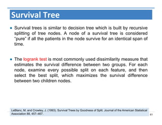 61
Survival Tree
Survival trees is similar to decision tree which is built by recursive
splitting of tree nodes. A node of a survival tree is considered
“pure” if all the patients in the node survive for an identical span of
time.
The logrank test is most commonly used dissimilarity measure that
estimates the survival difference between two groups. For each
node, examine every possible split on each feature, and then
select the best split, which maximizes the survival difference
between two children nodes.
LeBlanc, M. and Crowley, J. (1993). Survival Trees by Goodness of Split. Journal of the American Statistical
Association 88, 457–467.
 