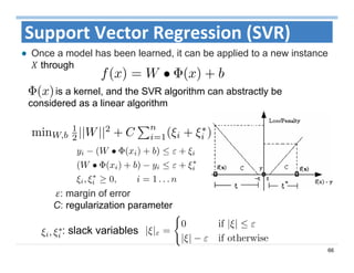 66
Support Vector Regression (SVR)
Once a model has been learned, it can be applied to a new instance
through
is a kernel, and the SVR algorithm can abstractly be
considered as a linear algorithm
	 : margin of error
C: regularization parameter
: slack variables
 