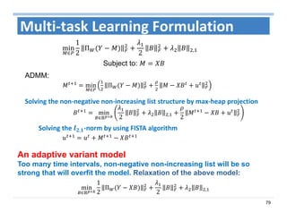 79
min
∈
Π
min
∈ 2 ,
2
Multi‐task Learning Formulation
min
∈
1
2
Π
2 ,
Subject to:
ADMM:
min
∈
1
2
Π
2 ,
Solving the  , ‐norm by using FISTA algorithm
Solving the non‐negative non‐increasing list structure by max‐heap projection
An adaptive variant model
Too many time intervals, non-negative non-increasing list will be so
strong that will overfit the model. Relaxation of the above model:
 