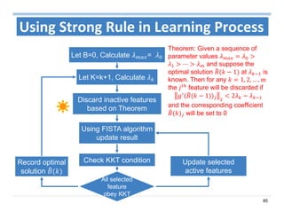 85
Using Strong Rule in Learning Process
Theorem: Given a sequence of
parameter values
⋯ and suppose the
optimal solution 1 at is
known. Then for any 1, 2, … , m
the feature will be discarded if
1 2
and the corresponding coefficient
will be set to 0
Let B=0, Calculate =
Let K=k+1, Calculate
Discard inactive features
based on Theorem
Using FISTA algorithm
update result
Check KKT condition Update selected
active features
All selected
feature
obey KKT
Record optimal
solution
 