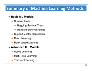 86
Summary of Machine Learning Methods
Basic ML Models
Survival Trees
Bagging Survival Trees
Random Survival Forest
Support Vector Regression
Deep Learning
Rank based Methods
Advanced ML Models
Active Learning
Multi-Task Learning
Transfer Learning
 