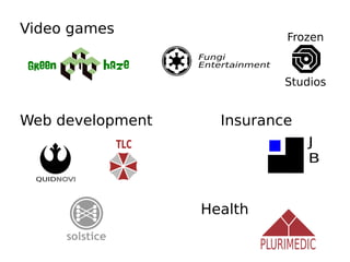 QUIDNOVI
Fungi
Entertainmenthazegreen
J
B
TLC
Video games
Frozen
Studios
Web development Insurance
Health
PLURIMEDIC
 