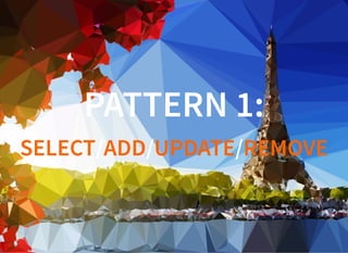 More information contact me: @josdirksen / jos.dirksen@gmail.com / www.smartjava.org / github.com/josdirksen
PATTERN 1:
SELECT/ADD/UPDATE/REMOVE
 