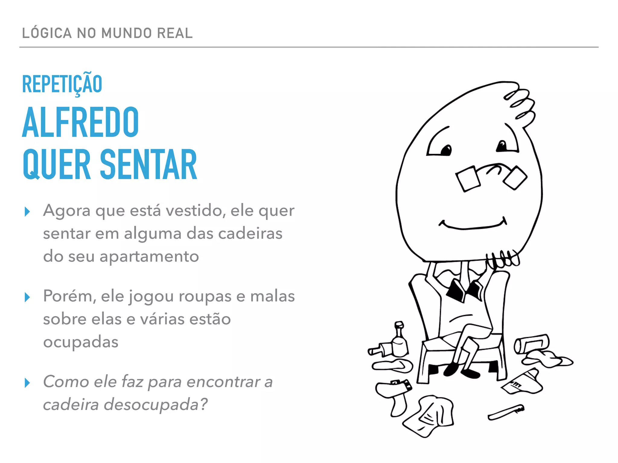LÓGICA NO MUNDO REAL
▸ Agora que está vestido, ele quer
sentar em alguma das cadeiras
do seu apartamento
▸ Porém, ele jogou roupas e malas
sobre elas e várias estão
ocupadas
▸ Como ele faz para encontrar a
cadeira desocupada?
REPETIÇÃO
ALFREDO
QUER SENTAR
 