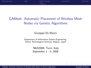 Mesh Networks Goal Graph Drawing Simulations Conclusion
GAMesh: Automatic Placement of Wireless Mesh
Nodes via Genetic Algorithms
Giuseppe De Marco
Department of Information System Engineering,
Toyota Technological Institute, Nagoya, Japan
NbiS2008, Turin, Italy
September 1 - 5, 2008
GAMesh: Automatic Placement of Wireless Mesh Nodes via Genetic Algorithms Giuseppe De Marco
 