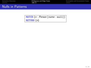Semantics Overview Ambiguous and Edge Cases Incomplete and Inconsistent Cases
Nulls in Patterns
MATCH (n : Person {name : null})
RETURN (n)
8 / 16
 