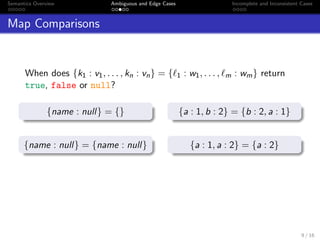 Semantics Overview Ambiguous and Edge Cases Incomplete and Inconsistent Cases
Map Comparisons
When does {k1 : v1, . . . , kn : vn} = { 1 : w1, . . . , m : wm} return
true, false or null?
{name : null} = {}
{name : null} = {name : null}
{a : 1, b : 2} = {b : 2, a : 1}
{a : 1, a : 2} = {a : 2}
9 / 16
 