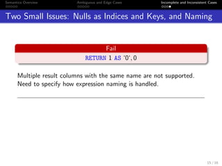 Semantics Overview Ambiguous and Edge Cases Incomplete and Inconsistent Cases
Two Small Issues: Nulls as Indices and Keys, and Naming
Fail
RETURN 1 AS ‘0‘, 0
Multiple result columns with the same name are not supported.
Need to specify how expression naming is handled.
15 / 16
 