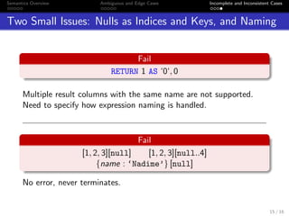 Semantics Overview Ambiguous and Edge Cases Incomplete and Inconsistent Cases
Two Small Issues: Nulls as Indices and Keys, and Naming
Fail
RETURN 1 AS ‘0‘, 0
Multiple result columns with the same name are not supported.
Need to specify how expression naming is handled.
Fail
[1, 2, 3][null] [1, 2, 3][null..4]
{name : ‘Nadime’} [null]
No error, never terminates.
15 / 16
 
