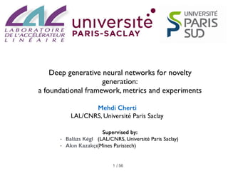 / 56
Deep generative neural networks for novelty
generation:
a foundational framework, metrics and experiments
1
Mehdi Cherti
LAL/CNRS, Université Paris Saclay
Supervised by:
- Balàzs Kégl (LAL/CNRS, Université Paris Saclay)
- Akın Kazakçı(Mines Paristech)
 
