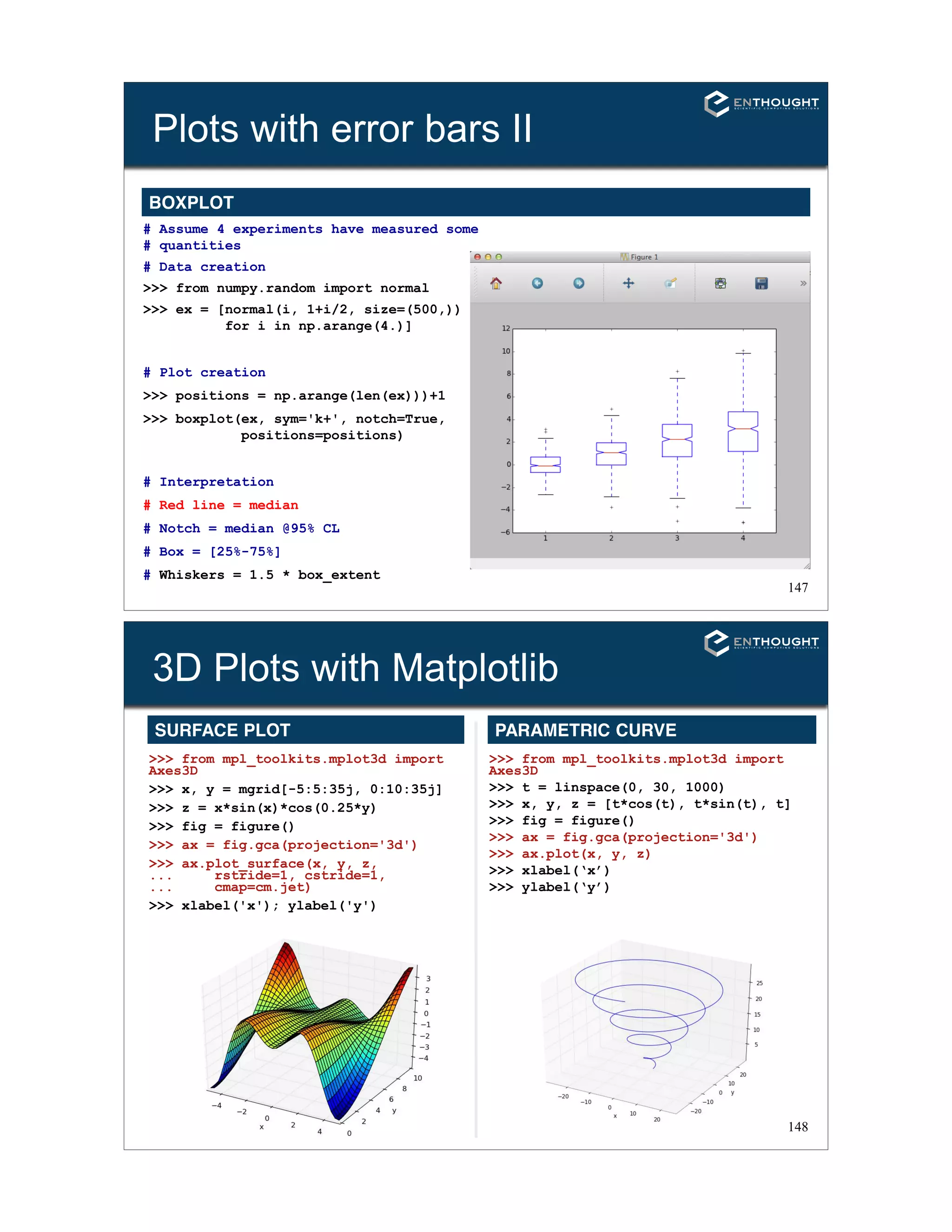 147
Plots with error bars II
BOXPLOT
# Assume 4 experiments have measured some
# quantities
# Data creation
>>> from numpy.random import normal
>>> ex = [normal(i, 1+i/2, size=(500,))
for i in np.arange(4.)]
# Plot creation
>>> positions = np.arange(len(ex)))+1
>>> boxplot(ex, sym='k+', notch=True,
positions=positions)
# Interpretation
# Red line = median
# Notch = median @95% CL
# Box = [25%-75%]
# Whiskers = 1.5 * box_extent
148
3D Plots with Matplotlib
SURFACE PLOT PARAMETRIC CURVE
>>> from mpl_toolkits.mplot3d import
Axes3D
>>> x, y = mgrid[-5:5:35j, 0:10:35j]
>>> z = x*sin(x)*cos(0.25*y)
>>> fig = figure()
>>> ax = fig.gca(projection='3d')
>>> ax.plot_surface(x, y, z,
... rstride=1, cstride=1,
... cmap=cm.jet)
>>> xlabel('x'); ylabel('y')
>>> from mpl_toolkits.mplot3d import
Axes3D
>>> t = linspace(0, 30, 1000)
>>> x, y, z = [t*cos(t), t*sin(t), t]
>>> fig = figure()
>>> ax = fig.gca(projection='3d')
>>> ax.plot(x, y, z)
>>> xlabel(‘x’)
>>> ylabel(‘y’)
 