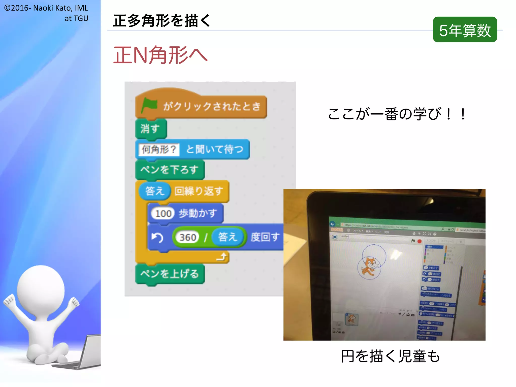 ©2016- Naoki	Kato,	IML
at	TGU
正多角形を描く
正N角形へ
5年算数
円を描く児童も
ここが一番の学び！！
 