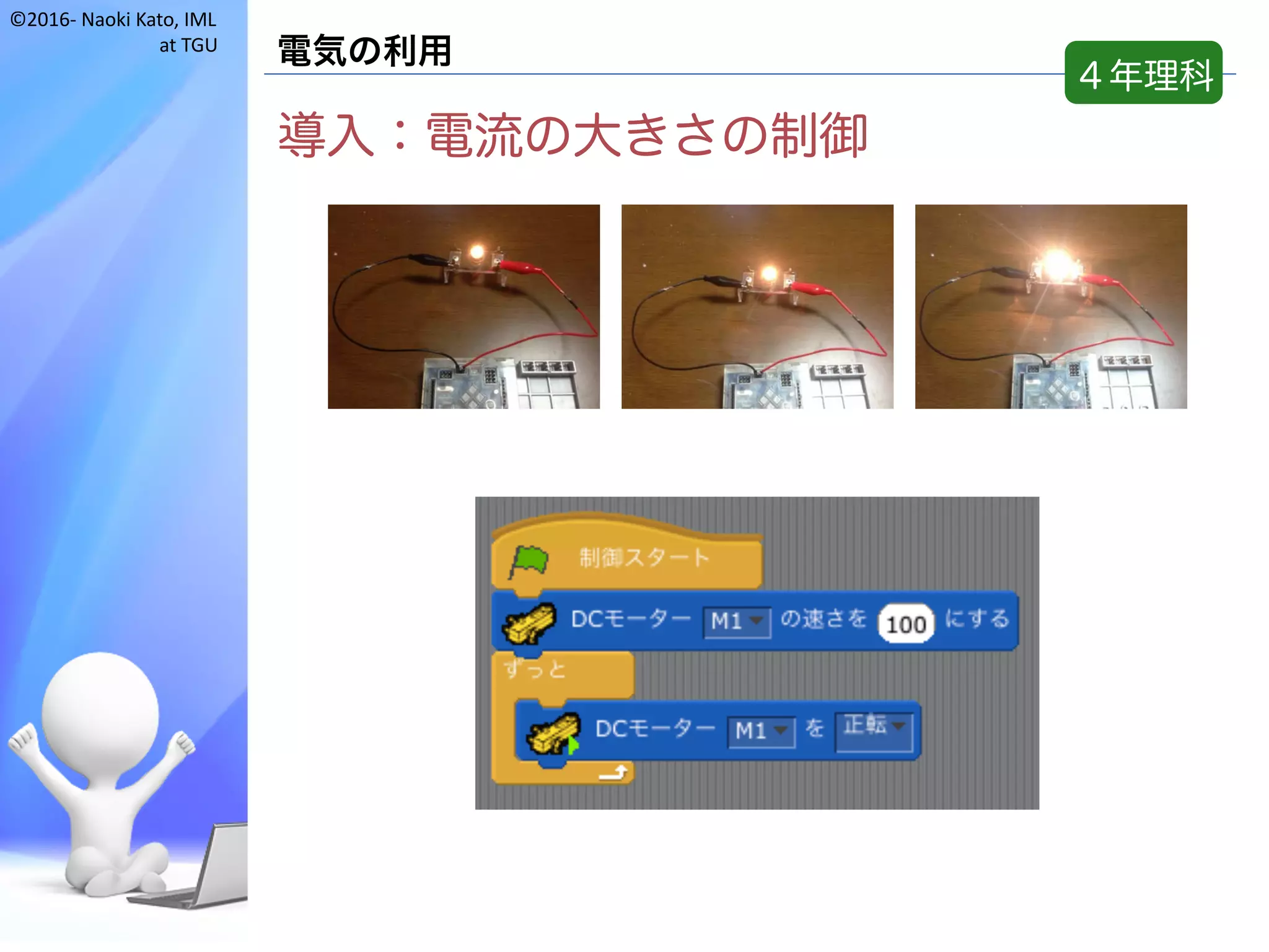 ©2016- Naoki	Kato,	IML
at	TGU
電気の利用
導入：電流の大きさの制御
４年理科
 