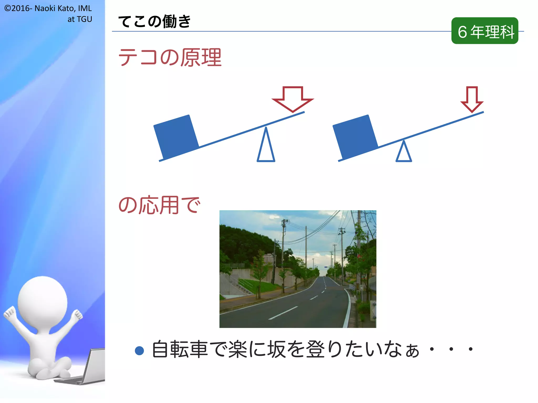 ©2016- Naoki	Kato,	IML
at	TGU
てこの働き
テコの原理
の応用で
l 自転車で楽に坂を登りたいなぁ・・・
６年理科
 