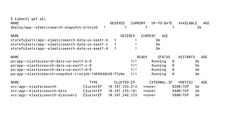 $ kubectl get all
NAME DESIRED CURRENT UP-TO-DATE AVAILABLE AGE
deploy/app--elasticsearch-snapshot-cronjob 1 1 1 1 3m
NAME DESIRED CURRENT AGE
statefulsets/app--elasticsearch-data-us-east1-b 1 1 3m
statefulsets/app--elasticsearch-data-us-east1-c 1 1 3m
statefulsets/app--elasticsearch-data-us-east1-d 1 1 3m
NAME READY STATUS RESTARTS AGE
po/app--elasticsearch-data-us-east1-b-0 1/1 Running 0 3m
po/app--elasticsearch-data-us-east1-c-0 1/1 Running 0 3m
po/app--elasticsearch-data-us-east1-d-0 1/1 Running 0 3m
po/app--elasticsearch-snapshot-cronjob-7d699dd658-f7p8w 1/1 Running 0 3m
NAME TYPE CLUSTER-IP EXTERNAL-IP PORT(S) AGE
svc/app--elasticsearch ClusterIP 10.187.243.214 <none> 9200/TCP 3m
svc/app--elasticsearch-data ClusterIP 10.187.255.181 <none> 9300/TCP 3m
svc/app--elasticsearch-discovery ClusterIP 10.187.242.125 <none> 9300/TCP 3m
 