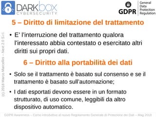 GDPR Awareness – Corso introduttivo al nuovo Regolamento Generale di Protezione dei Dati – Mag 2018
(c)2018MarcoMarcellini...