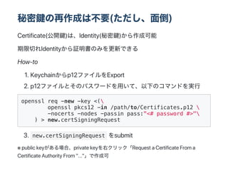 IɤϲҪ(浹)
Certificate(_I)ϡIdentity(I)ɿ
ФIdentity^Τߤ¤Ǥ
How?to
1.?eychainp12եExport
2.p12եȤΥѥ`ɤäơ¤Υޥɤg
openssl req -new -key <(
openssl pkcs12 -in /path/to/Certificates.p12 
-nocerts -nodes -passin pass:"<# password #>"
) > new.certSigningRequest
3. new.certSigningRequest submit
 publickeyϡprivatekeyҥåRequestaCertificateFroma
CertificateAuthorityFrom"..."ɿ
 