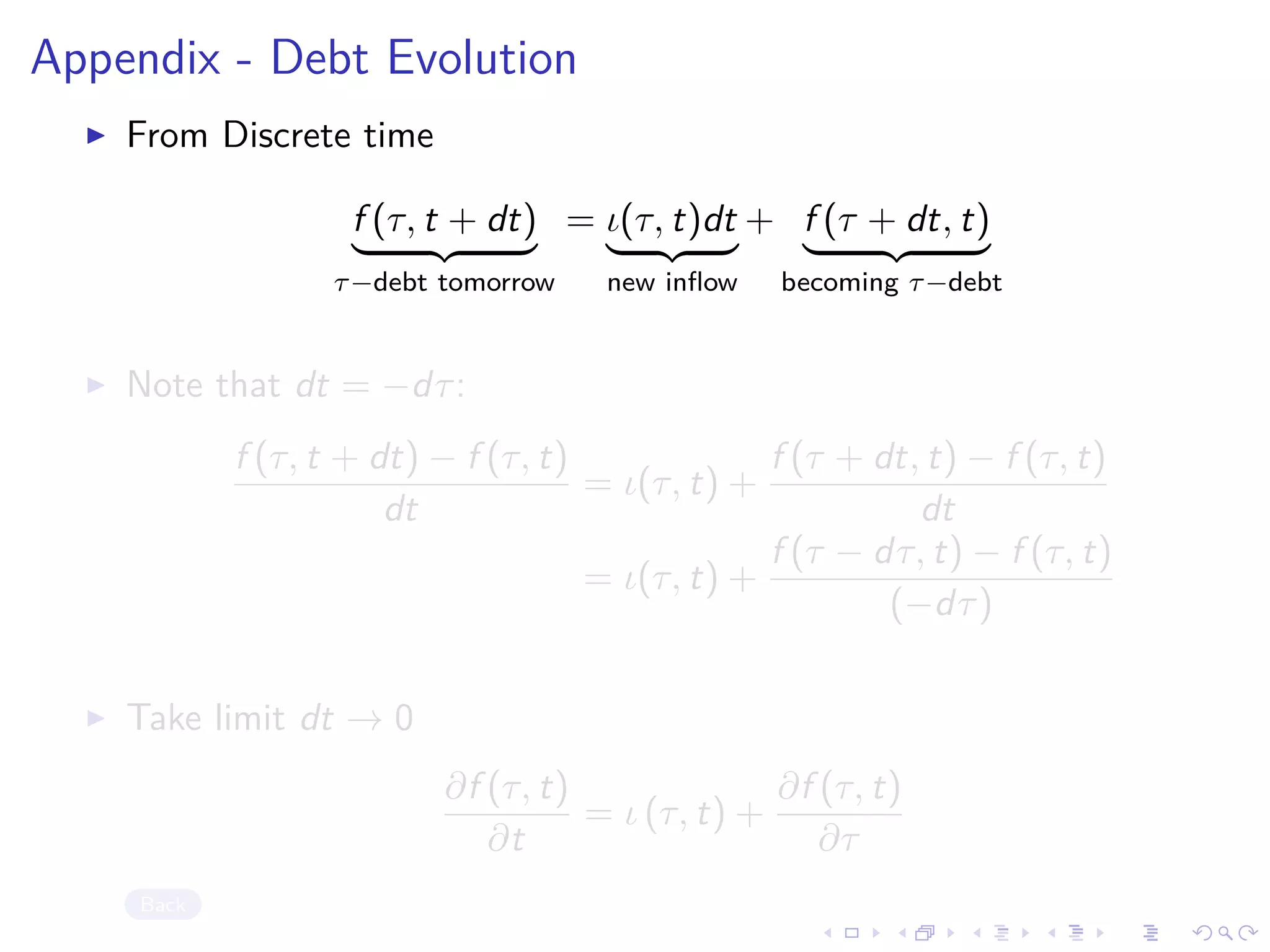 Appendix - Debt Evolution
From Discrete time
f (τ, t + dt)
τ−debt tomorrow
= ι(τ, t)dt
new inﬂow
+ f (τ + dt, t)
becoming τ−debt
Note that dt = −dτ:
f (τ, t + dt) − f (τ, t)
dt
= ι(τ, t) +
f (τ + dt, t) − f (τ, t)
dt
= ι(τ, t) +
f (τ − dτ, t) − f (τ, t)
(−dτ)
Take limit dt → 0
∂f (τ, t)
∂t
= ι (τ, t) +
∂f (τ, t)
∂τ
Back
 
