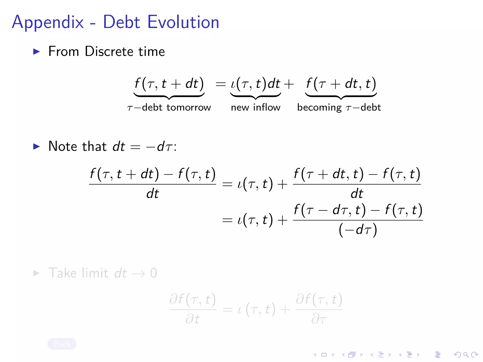 Appendix - Debt Evolution
From Discrete time
f (τ, t + dt)
τ−debt tomorrow
= ι(τ, t)dt
new inﬂow
+ f (τ + dt, t)
becoming τ−debt
Note that dt = −dτ:
f (τ, t + dt) − f (τ, t)
dt
= ι(τ, t) +
f (τ + dt, t) − f (τ, t)
dt
= ι(τ, t) +
f (τ − dτ, t) − f (τ, t)
(−dτ)
Take limit dt → 0
∂f (τ, t)
∂t
= ι (τ, t) +
∂f (τ, t)
∂τ
Back
 