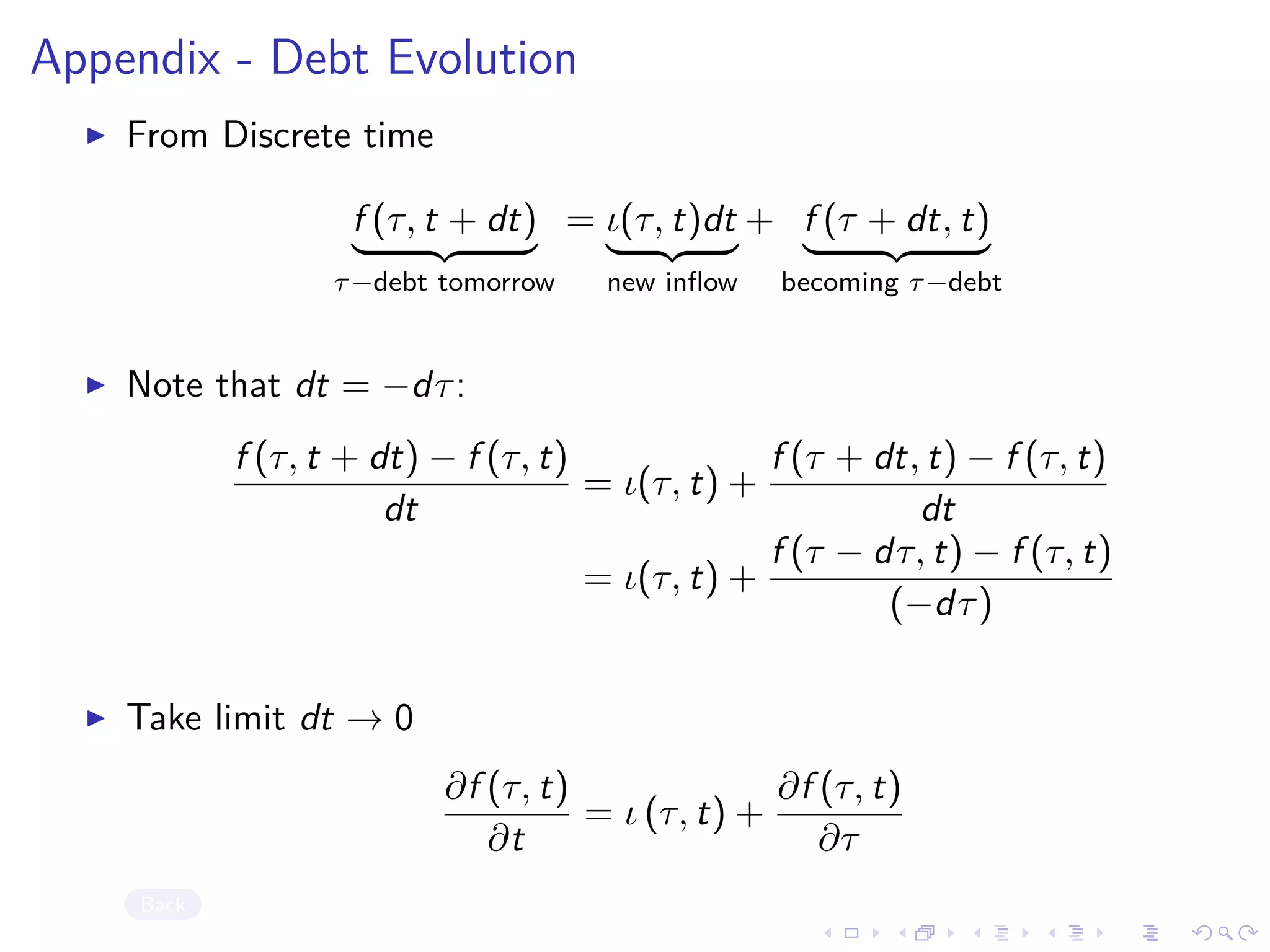 Appendix - Debt Evolution
From Discrete time
f (τ, t + dt)
τ−debt tomorrow
= ι(τ, t)dt
new inﬂow
+ f (τ + dt, t)
becoming τ−debt
Note that dt = −dτ:
f (τ, t + dt) − f (τ, t)
dt
= ι(τ, t) +
f (τ + dt, t) − f (τ, t)
dt
= ι(τ, t) +
f (τ − dτ, t) − f (τ, t)
(−dτ)
Take limit dt → 0
∂f (τ, t)
∂t
= ι (τ, t) +
∂f (τ, t)
∂τ
Back
 