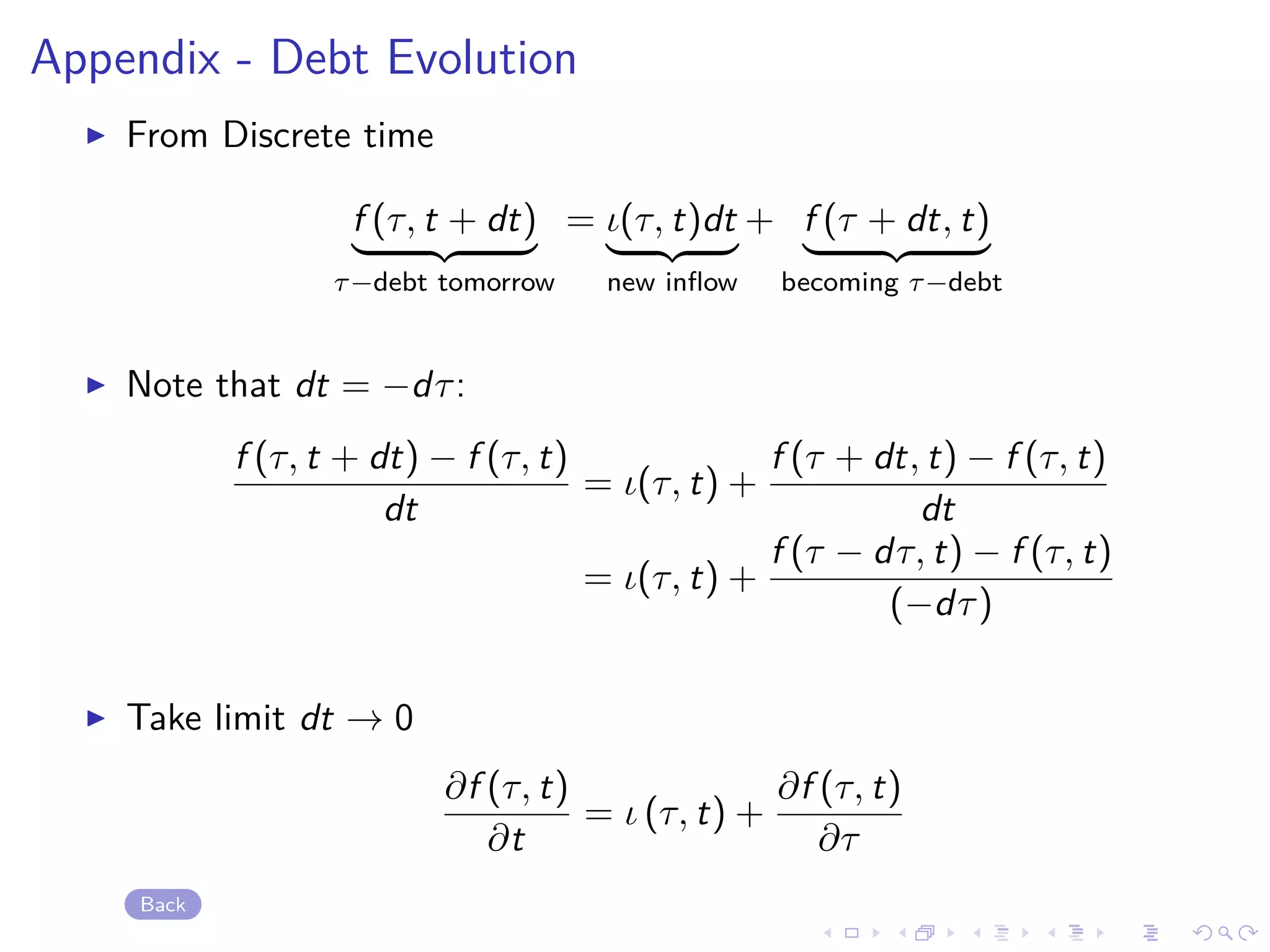 Appendix - Debt Evolution
From Discrete time
f (τ, t + dt)
τ−debt tomorrow
= ι(τ, t)dt
new inﬂow
+ f (τ + dt, t)
becoming τ−debt
Note that dt = −dτ:
f (τ, t + dt) − f (τ, t)
dt
= ι(τ, t) +
f (τ + dt, t) − f (τ, t)
dt
= ι(τ, t) +
f (τ − dτ, t) − f (τ, t)
(−dτ)
Take limit dt → 0
∂f (τ, t)
∂t
= ι (τ, t) +
∂f (τ, t)
∂τ
Back
 