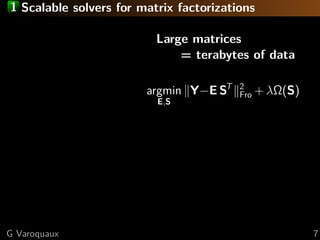 1 Scalable solvers for matrix factorizations
Large matrices
= terabytes of data
argmin
E,S
Y−E ST 2
Fro + λΩ(S)
G Varoquau...