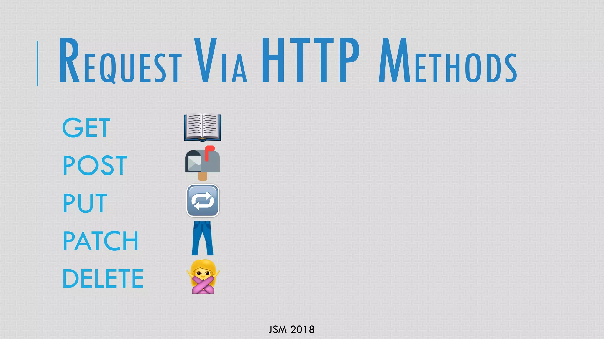 JSM 2018
GET
POST
PUT
PATCH
DELETE
REQUEST VIA HTTP METHODS
 